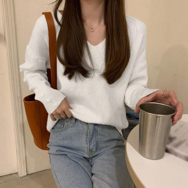 Long Sleeve Knitted T-Shirt V-Neck Top