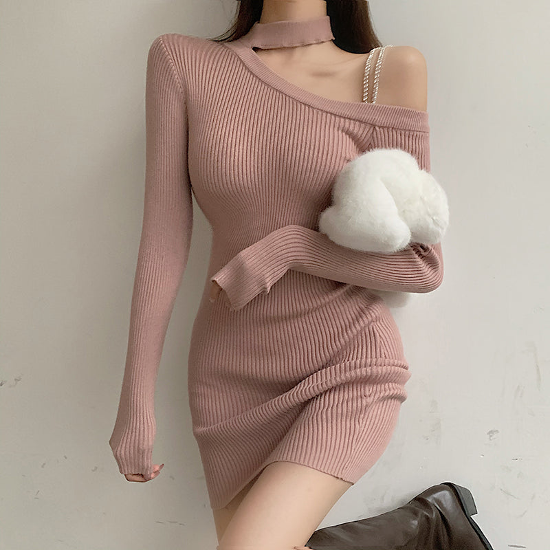 Knit Sweater Halter Neck Strapless Long Sleeve Winter Dress