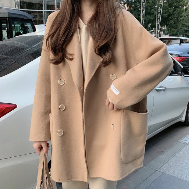 Solid color double-breasted woolen winter coat