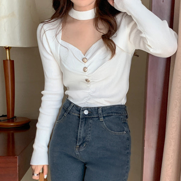 Halter Neck Pleated Chic Long Sleeve Knit Top