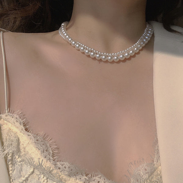 Vintage Double Pearl Necklace Collar Clavicle Chain