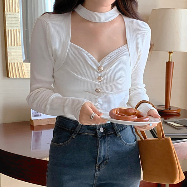 Halter Neck Pleated Chic Long Sleeve Knit Top