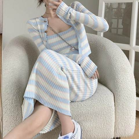Suit Striped Knitted Cardigan Bodycon Cami Dress