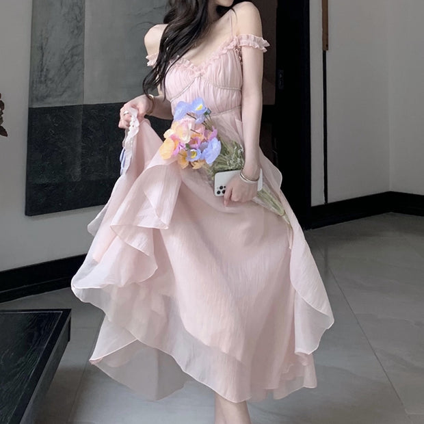 V-neck large swing high waist solid color dress