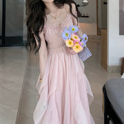V-neck large swing high waist solid color dress