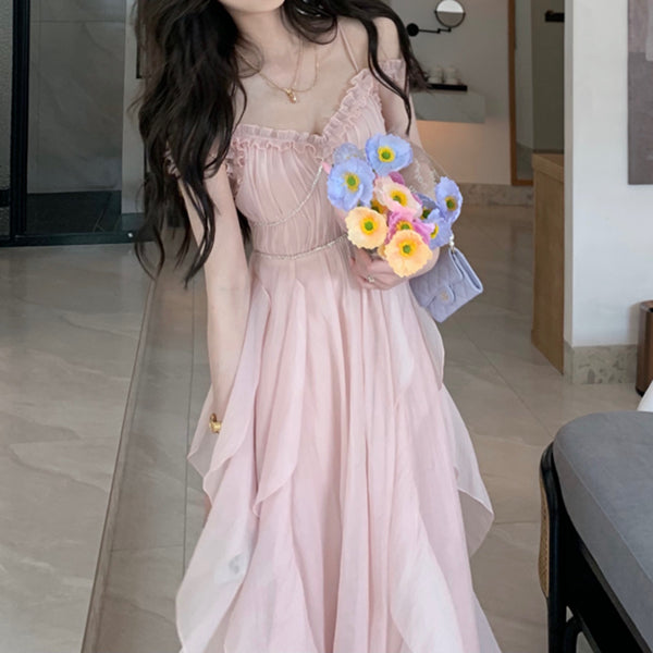 V-neck large swing high waist solid color dress