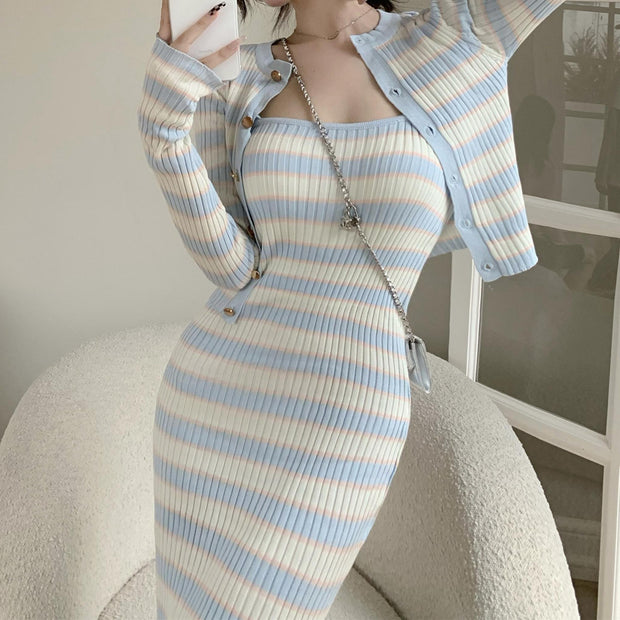 Suit Striped Knitted Cardigan Bodycon Cami Dress