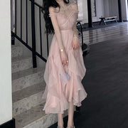 V-neck large swing high waist solid color dress