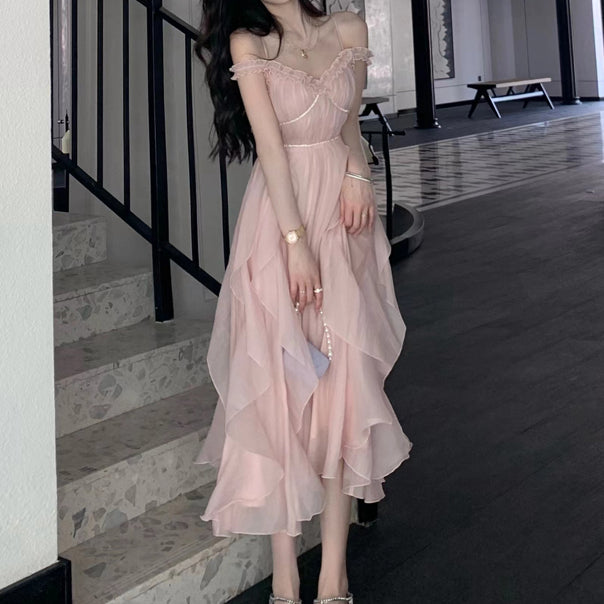V-neck large swing high waist solid color dress