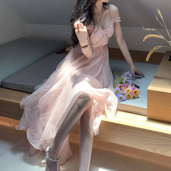 V-neck large swing high waist solid color dress