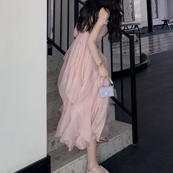 V-neck large swing high waist solid color dress