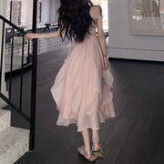 V-neck large swing high waist solid color dress