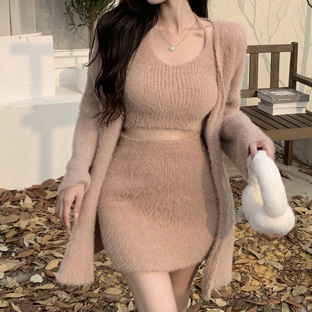 Mohair cardigan sweater camisole skirt knitted set