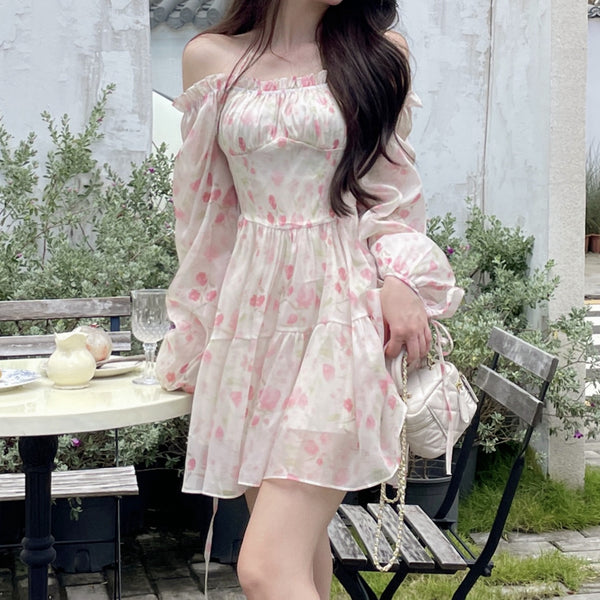 Pink Off Shoulder Puff Sleeve Floral Dress