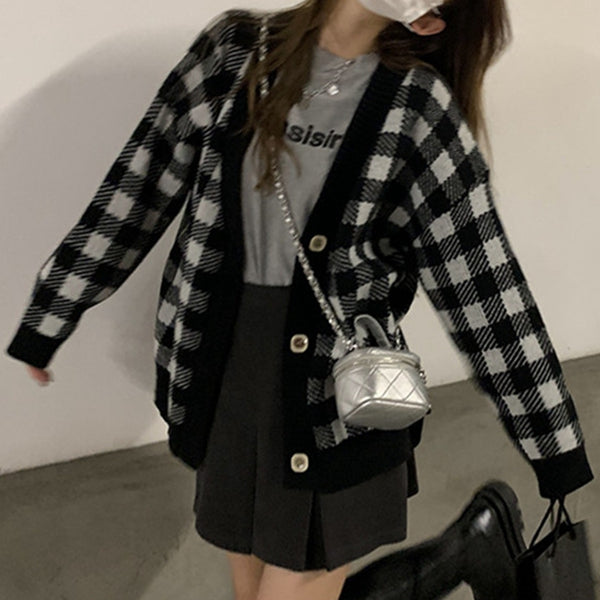 Knit Cardigan Contrast Checkerboard Sweater Top Coat