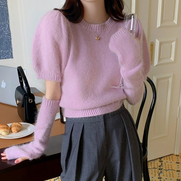 Puff Sleeve Sweater Knit Top Removable Split Sleeves