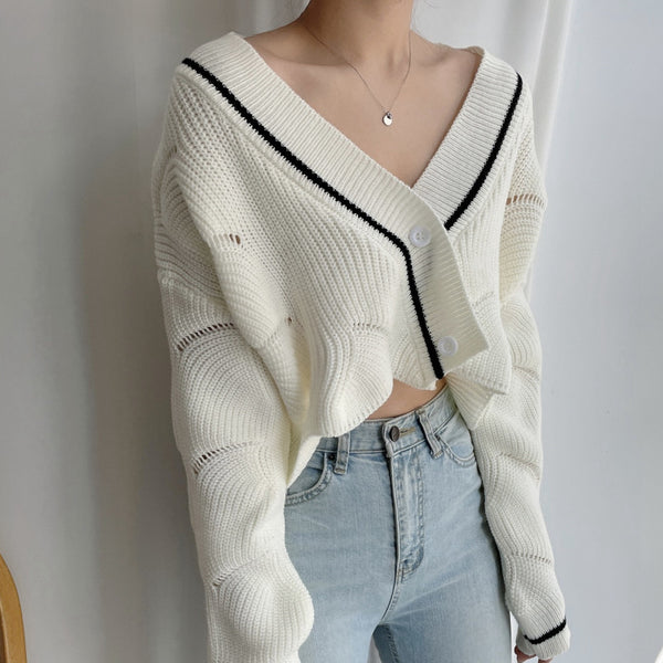 Ripped Single Breasted V-Neck Cropped Knit Cardigan