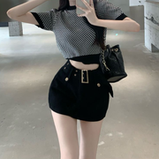 Plaid Short Sleeve T-Shirt Black Belt Skirt Suit