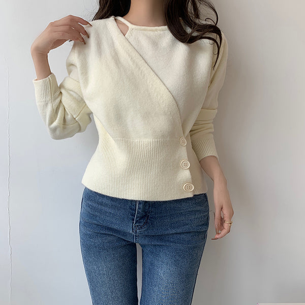 Waist-In Fake Two-Piece Three-Button Knit Sweater