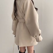 Warm Woolen Coat With Lantern Sleeves And Belt