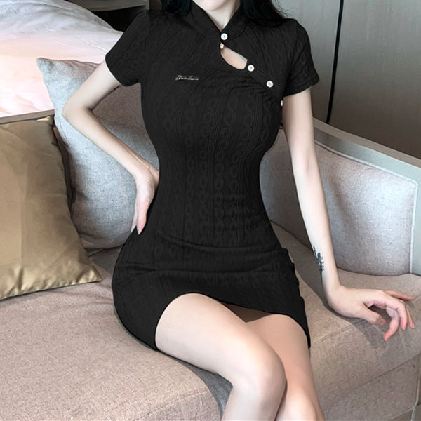Back Bow Tie Slim Fit Short-Sleeved Qipao Dress