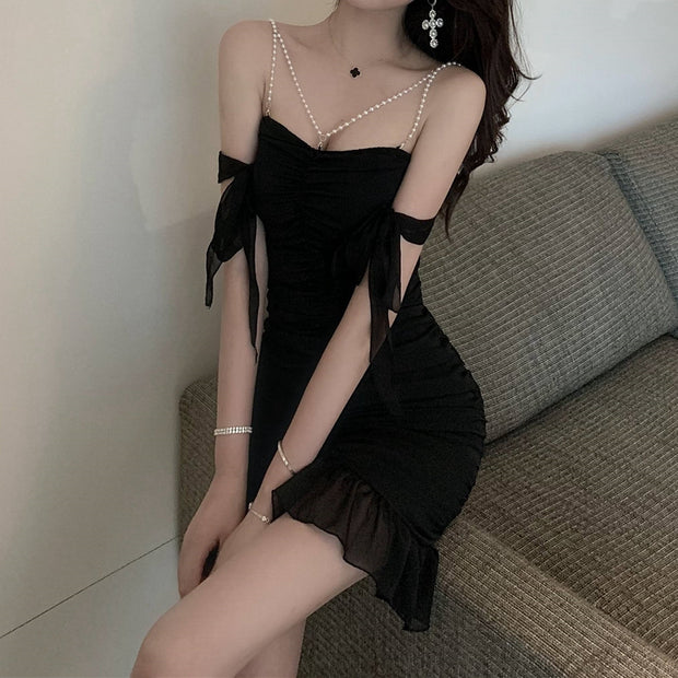 Sexy Off Shoulder Pearl Slim Cami Cocktail Dress