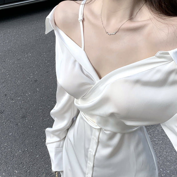 Satin Off Shoulder Long Sleeve Shirt Dress
