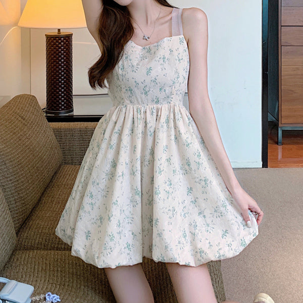 Waisted Backless Bowknot Floral Sling Dress
