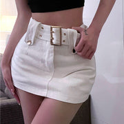 High waist belt slim fit solid a-line skirt