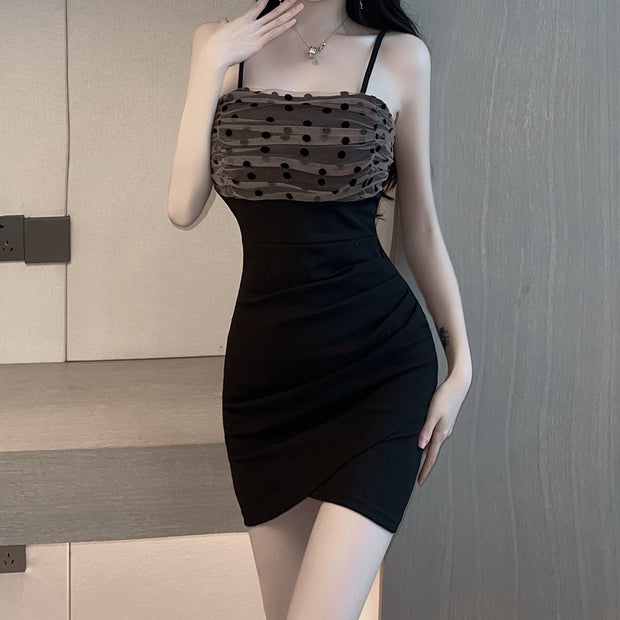 Polka-Dot Mesh Panel Stretch Bodycon Dress