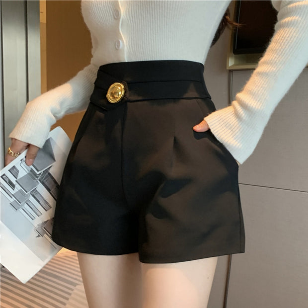 High Waist Casual Pocket Wide Leg Suit Shorts