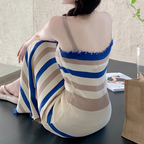 Contrast Slit Long Striped Knit Slip Dress