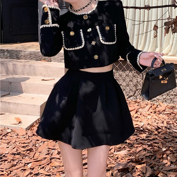 Short black coat top high waist pleated skirt set