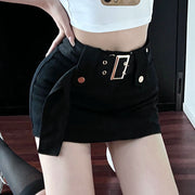 High waist belt slim fit solid a-line skirt