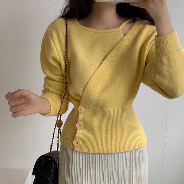 Waist-In Fake Two-Piece Three-Button Knit Sweater