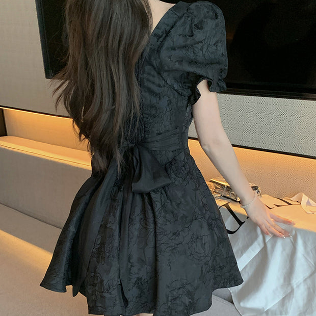 Puff sleeve jacquard slim fit short puff dress