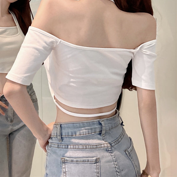 Short Sleeve Fake Two Piece Halter T-Shirt Top