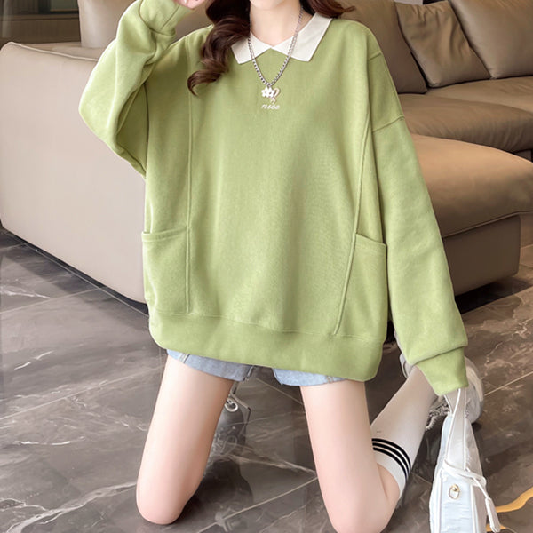 Polo Neck Silver Fox Fleece Loose Pocket Sweatshirt