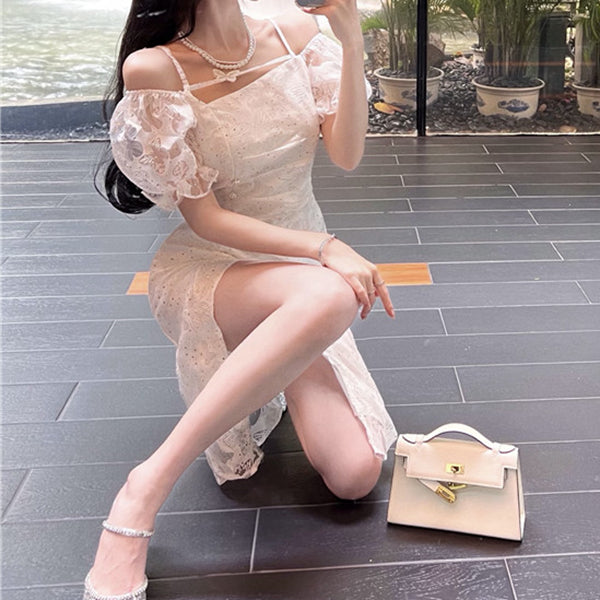 Puff Sleeve Butterfly White Slit Slim Cocktail Dress