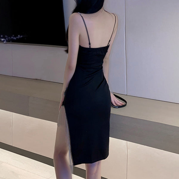 Fringed V-Neck Slit Sexy Black Cami Cocktail Dress