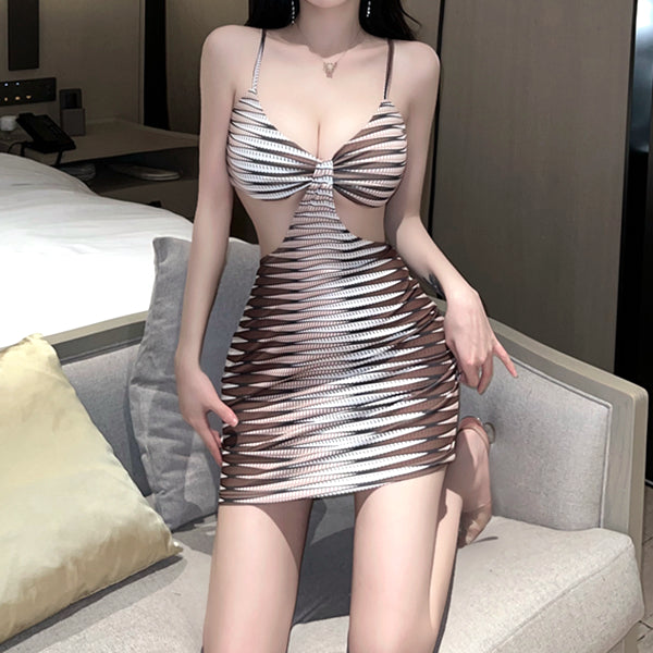 Striped cutout low cut deep v neck cami cocktail dress