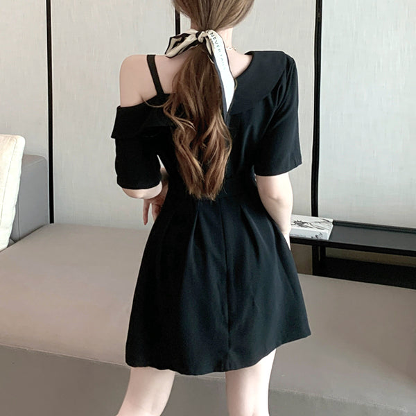 One-Shoulder Belt Waist Short-Sleeved Suit Dress
