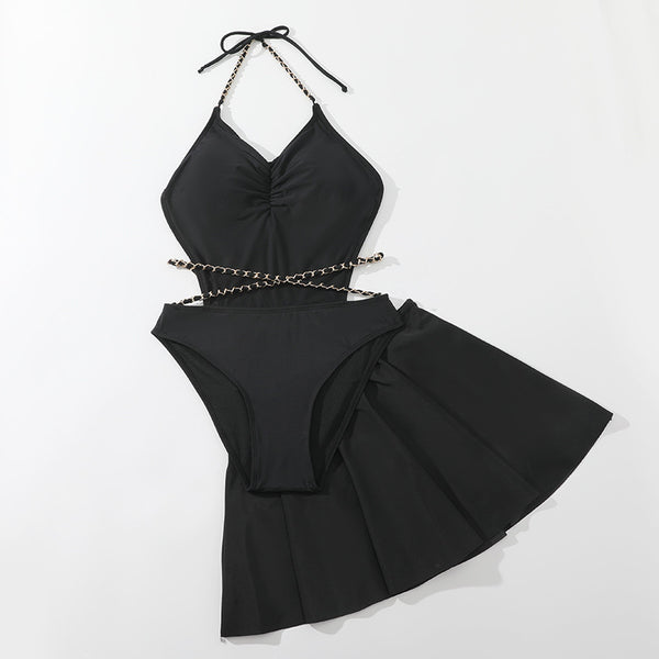Chain Black Backless Skirt One Piece Swimsuit Set