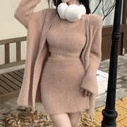 Mohair cardigan sweater camisole skirt knitted set