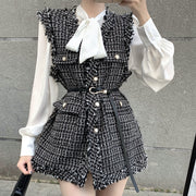 Plaid tweed waistcoat pleated top suit