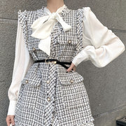 Plaid tweed waistcoat pleated top suit