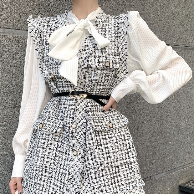 Plaid tweed waistcoat pleated top suit