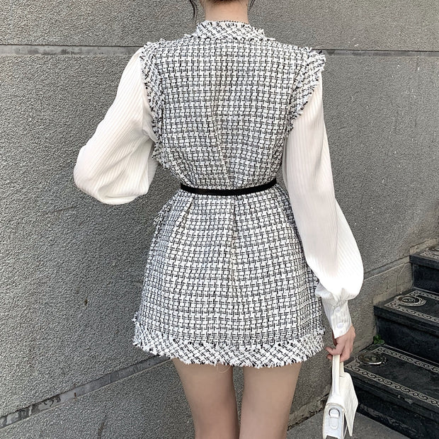 Plaid tweed waistcoat pleated top suit