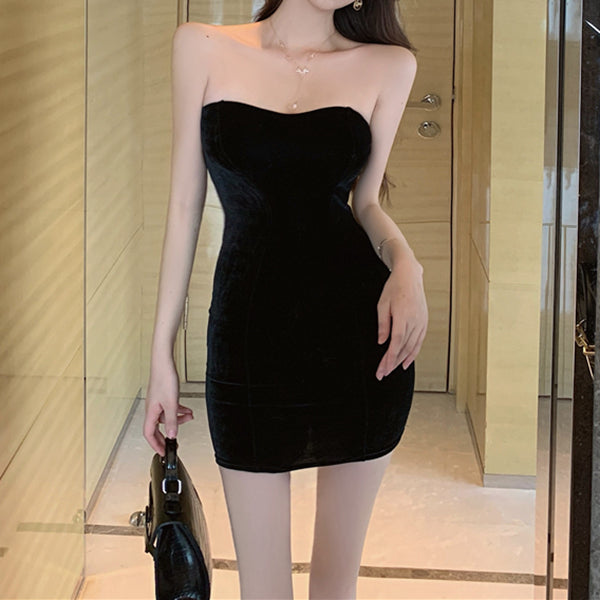 Bodycon Velvet Pearl Cami Tube Top Evening Cocktail Dress