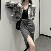 Plaid Shirt Slit Irregular Skirt Suit